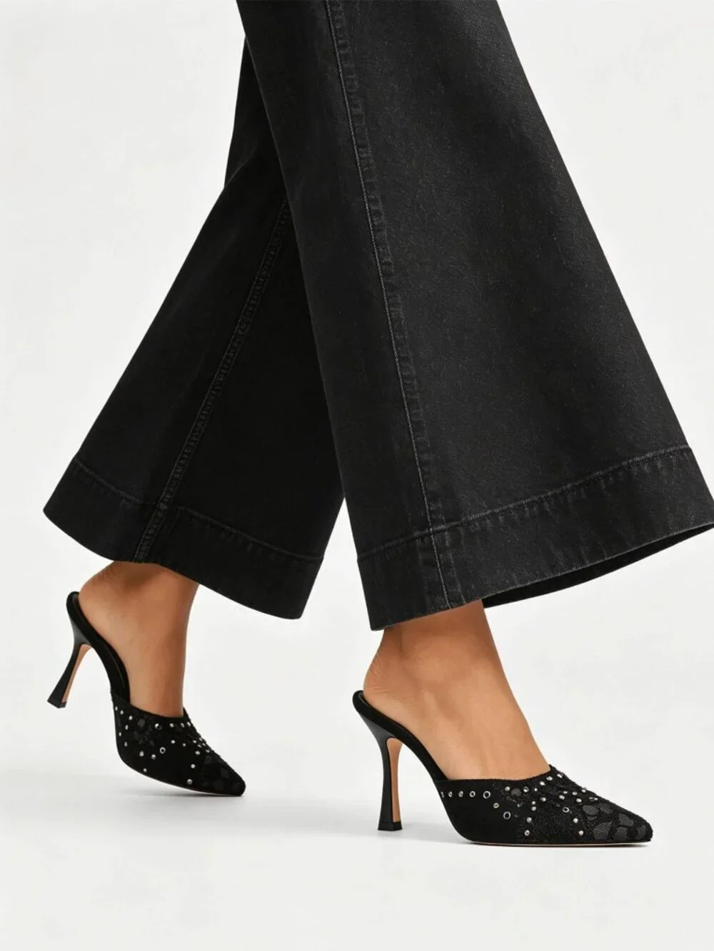 Black Sexy Women's Pointed Toe Slip-On Stiletto Heels